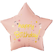 Шар (18''/46 см) Звезда, Happy Birthday (звездочки), Розовый, Сатин, 1 шт. в уп. (цв.этик.)