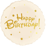 Шар (18''/46 см) Круг, Happy Birthday (золотые звезды), Бежевый, 1 шт. в уп. (цв.этик.)