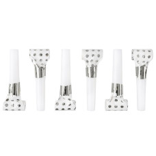 Карнавальные язычки гудки, Горошек, Белый/Серебро, Металлик, 6 см, 6 шт. в упак.