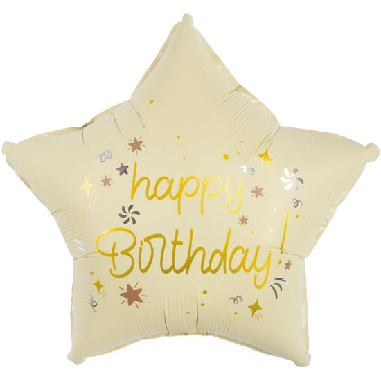 Шар (18''/46 см) Звезда, Happy Birthday (звездочки), Кремовый, Сатин, 1 шт. в уп. (цв.этик.)