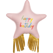 Шар (38''/97 см) Звезда, Happy Birthday, Золотой каскад, Розовый, Сатин, 1 шт.