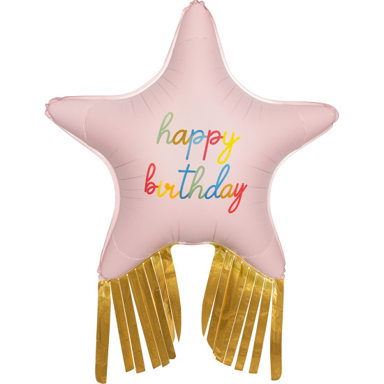 Шар (38''/97 см) Звезда, Happy Birthday, Золотой каскад, Розовый, Сатин, 1 шт.