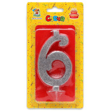 Свеча для торта Серебряный глиттер (большая) Цифра 6 С-1888