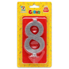 Свеча для торта Серебряный глиттер (большая) Цифра 8 С-1890