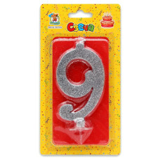 Свеча для торта Серебряный глиттер (большая) Цифра 9 С-1891
