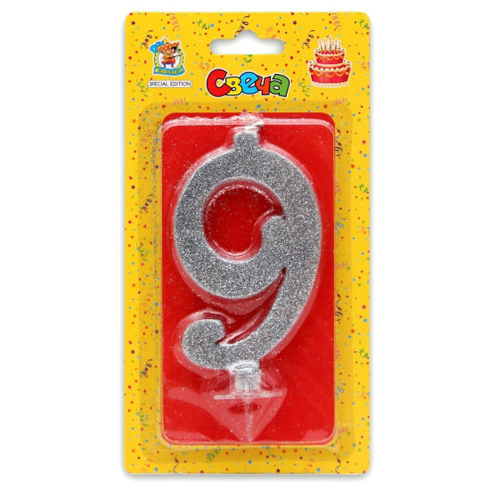 Свеча для торта Серебряный глиттер (большая) Цифра 9 С-1891