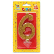 Свеча для торта Золотой глиттер (большая) Цифра 6 С-1898