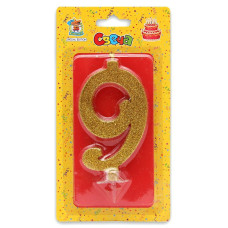 Свеча для торта Золотой глиттер (большая) Цифра 9 С-1901