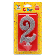 Свеча для торта Серебряный глиттер (большая) Цифра 2 С-1884