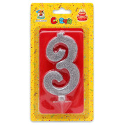 Свеча для торта Серебряный глиттер (большая) Цифра 3 С-1885