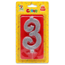 Свеча для торта Серебряный глиттер (большая) Цифра 3 С-1885