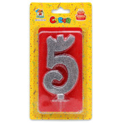 Свеча для торта Серебряный глиттер (большая) Цифра 5 С-1887