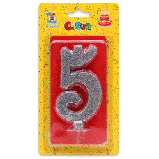 Свеча для торта Серебряный глиттер (большая) Цифра 5 С-1887