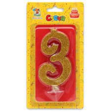 Свеча для торта Золотой глиттер (большая) Цифра 3 С-1895