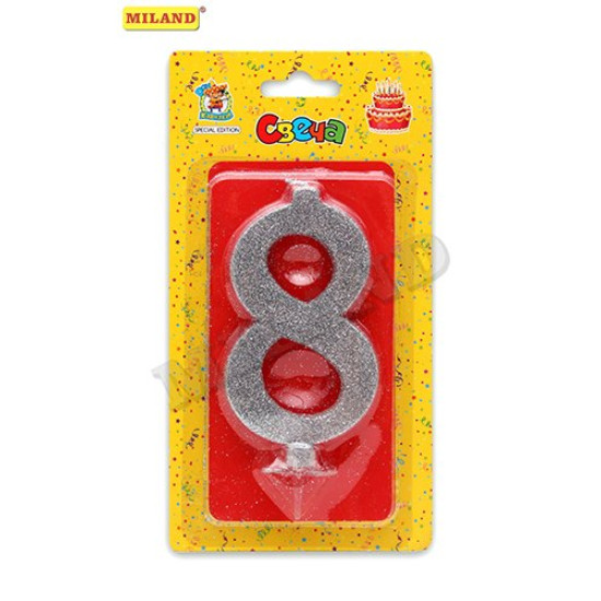 Свеча для торта Серебряный глиттер (малая) Цифра 8