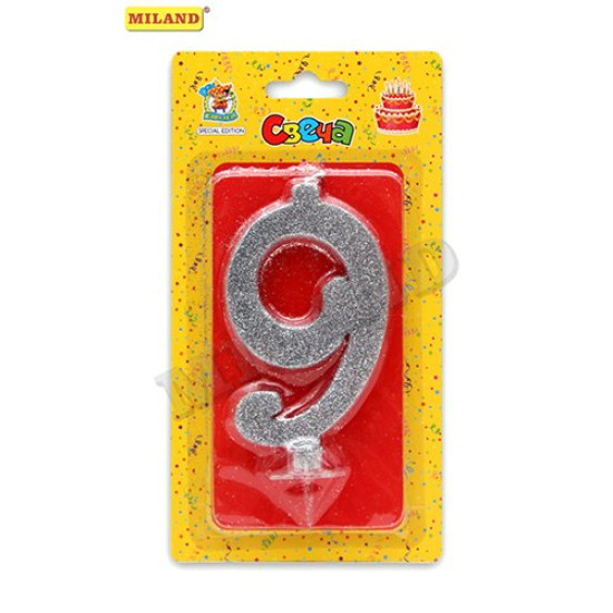 Свеча для торта Серебряный глиттер (малая) Цифра 9