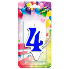 Свеча Цифра, 4 Белая окантовка, Синий, 9 см, 1 шт.